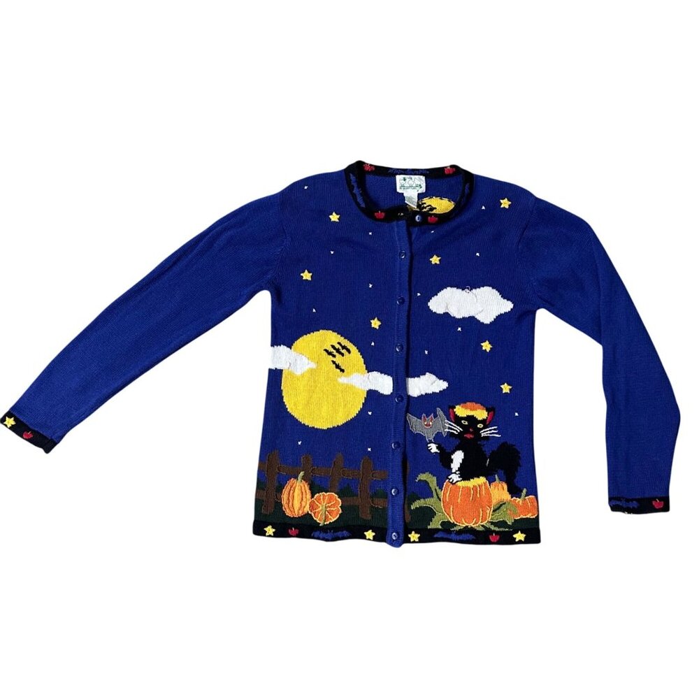 Vintage Quacker Factory Halloween Sweater Cardigan Med Black Cat Pumpkins Moon - Picture 2 of 8